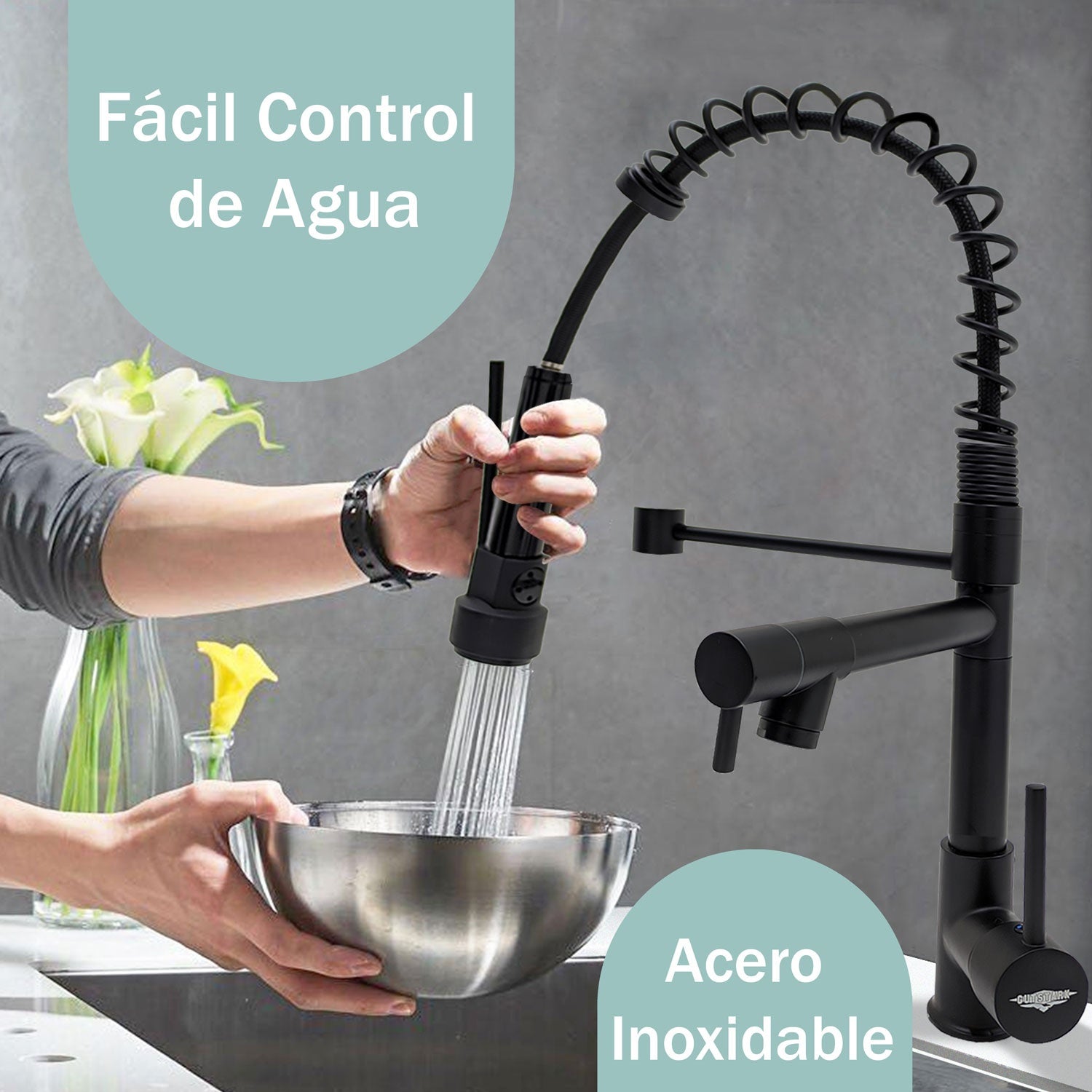 Grifo para Fregadero de Cocina Monomando con Rociador Extraible Color Negro Mate