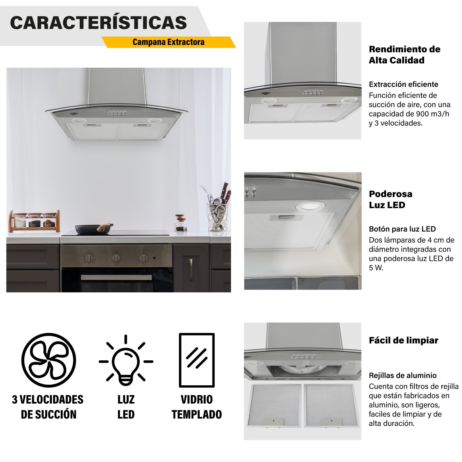 Campana Extractora 600mm Cocina Cristal Templado Acero Inox