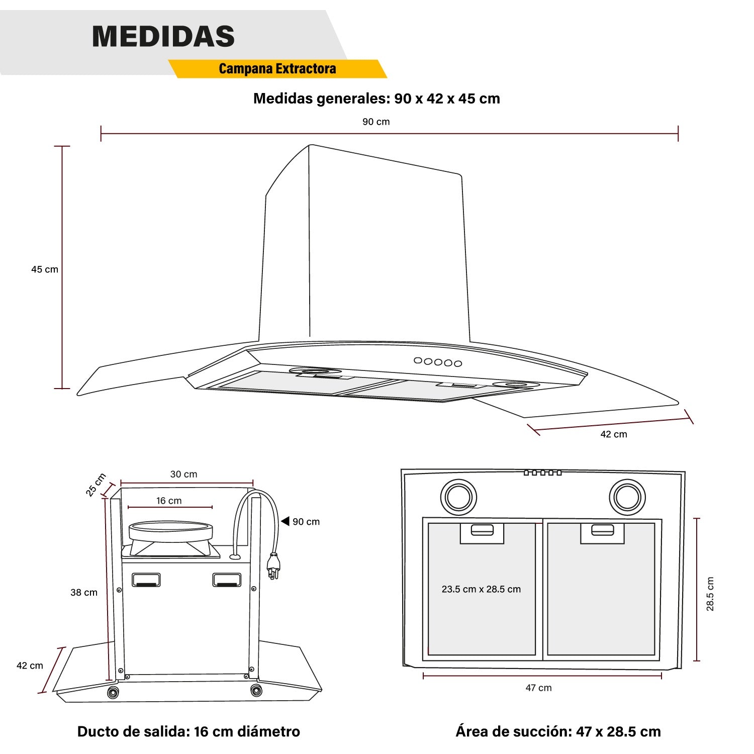 Campana Extractora Cocina 900mm Cristal Templado Acero Inox