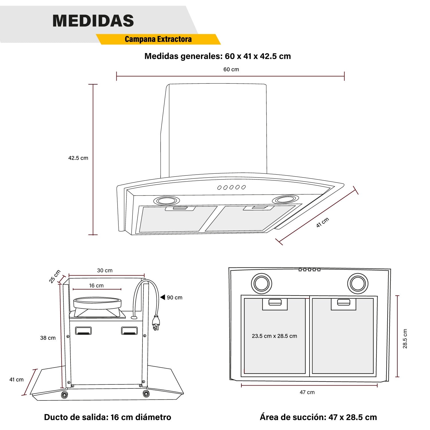Campana Extractora 600mm Cocina Cristal Templado Acero Inox