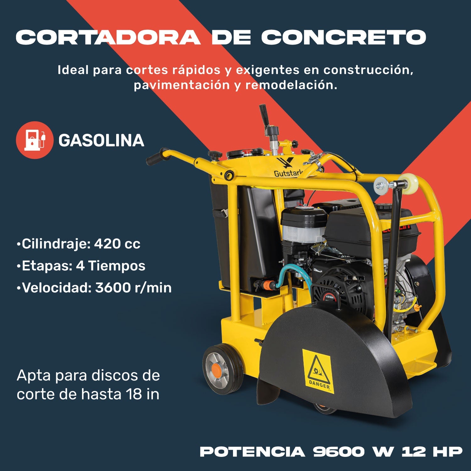 Cortadora De Concreto 18 Pulgadas Motor Gasolina 12hp 420cc