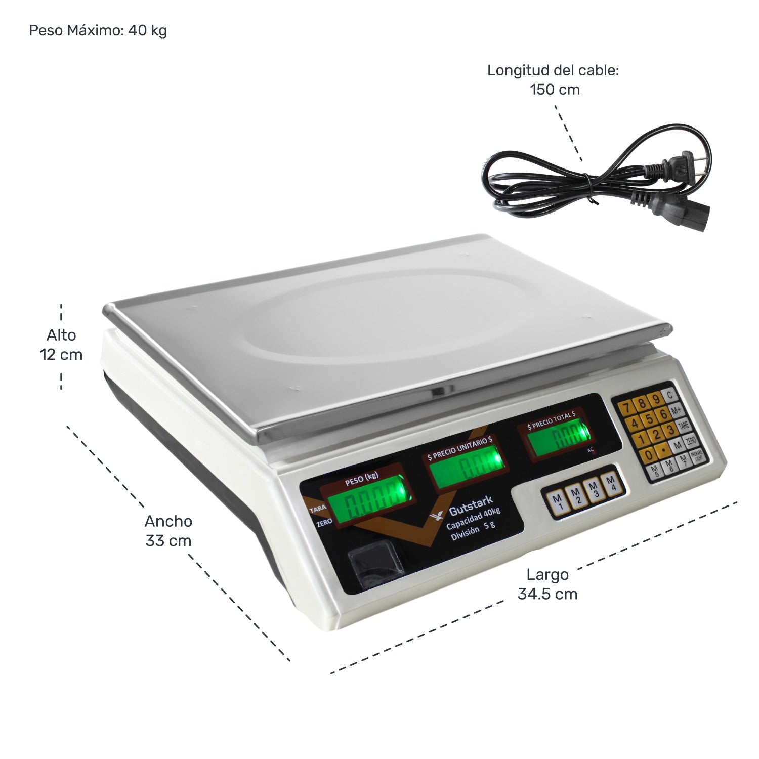 Bascula Comercial Digital 40kg 110v/220v Inalambrica 34.5 cm x 24 cm