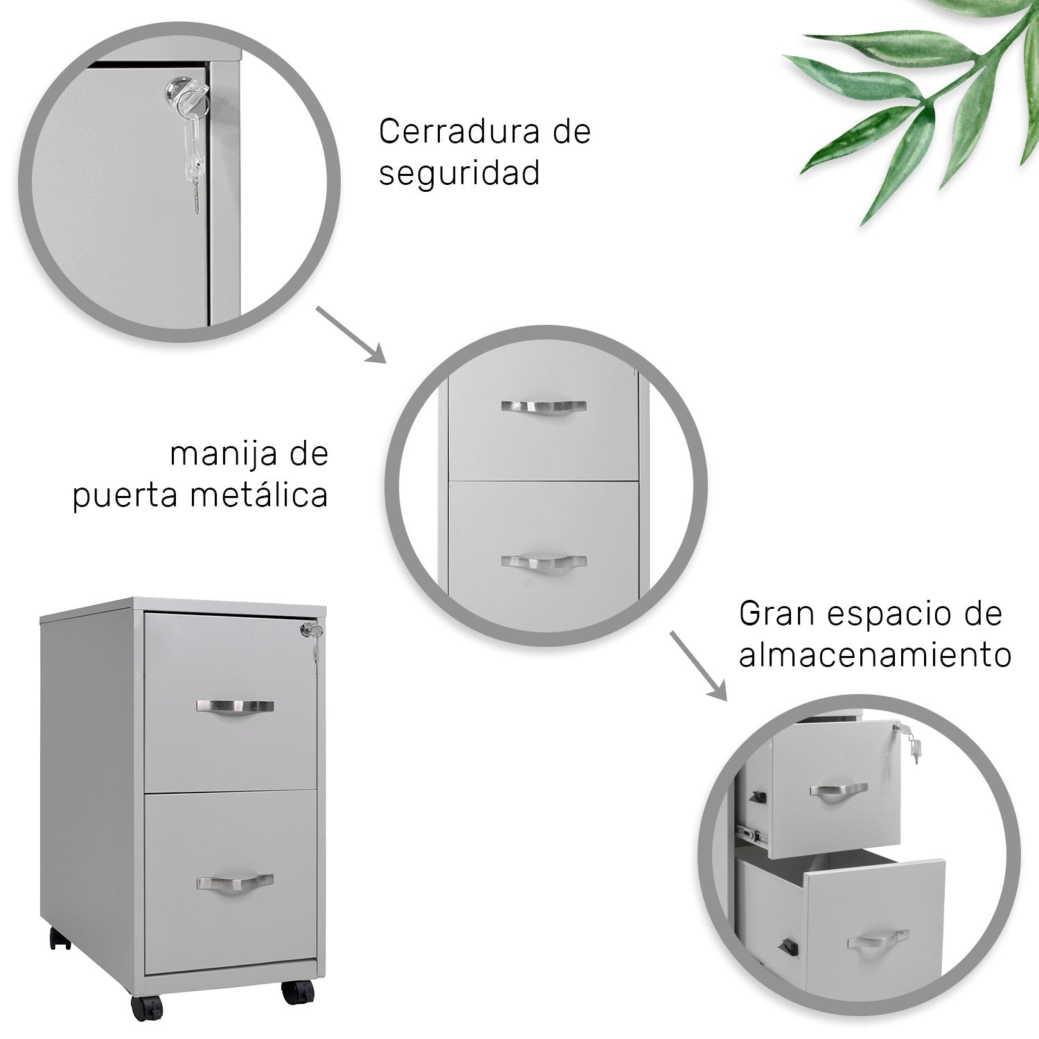 Archivero Metálico 2 Gavetas Carta Para Oficina Ruedas 360° Color Gris