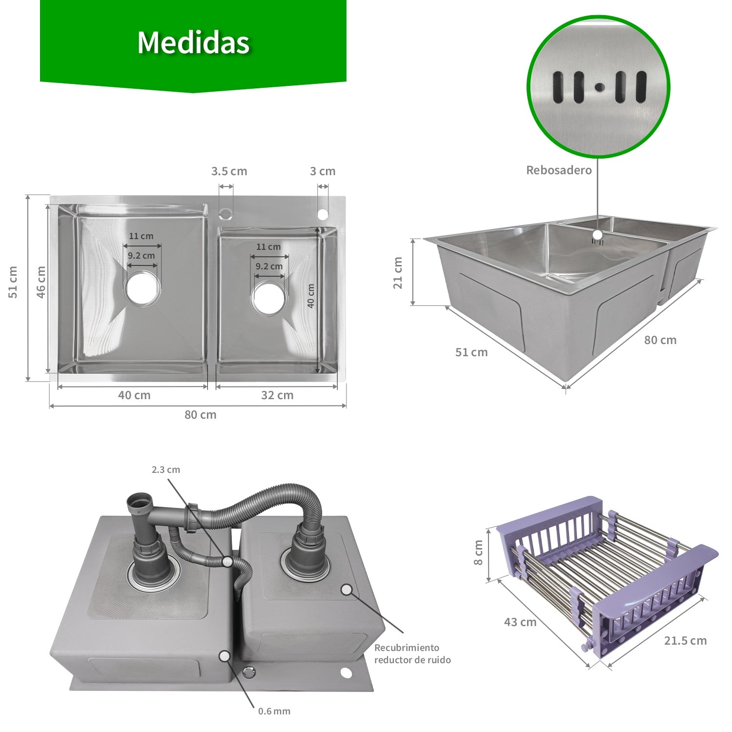 Fregadero Tarja Acero Inox 2 Tinas Anti-ruido + Escurridor