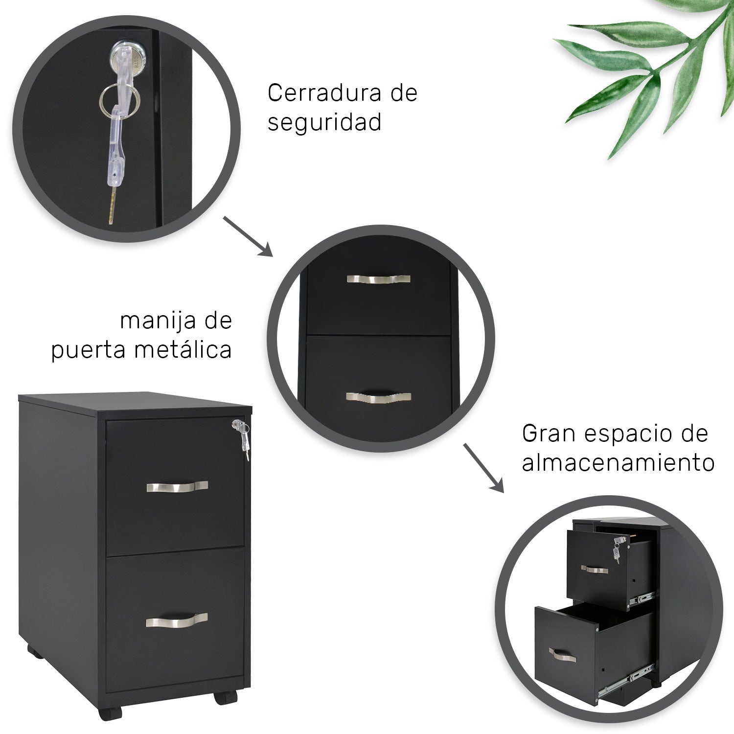 Archivero Metálico 2 Gavetas Carta Para Oficina Ruedas 360° Color Negro