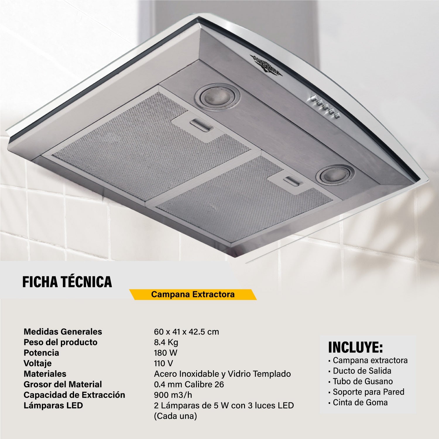 Campana Extractora 600mm Cocina Cristal Templado Acero Inox