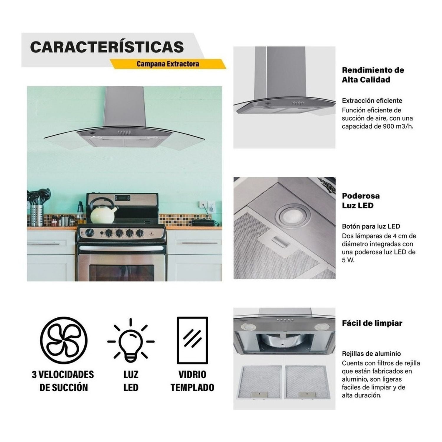 Combo Campana Cristal 90cm + Parrilla Inox Gas 5 Quemadores