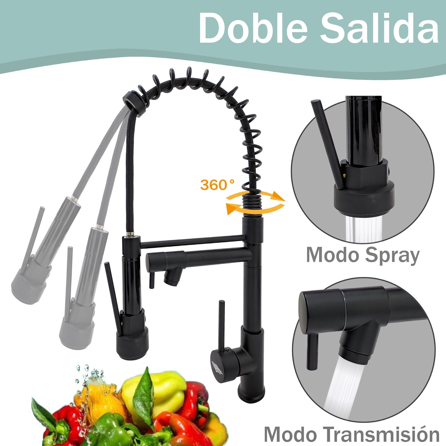 Grifo para Fregadero de Cocina Monomando con Rociador Extraible Color Negro Mate