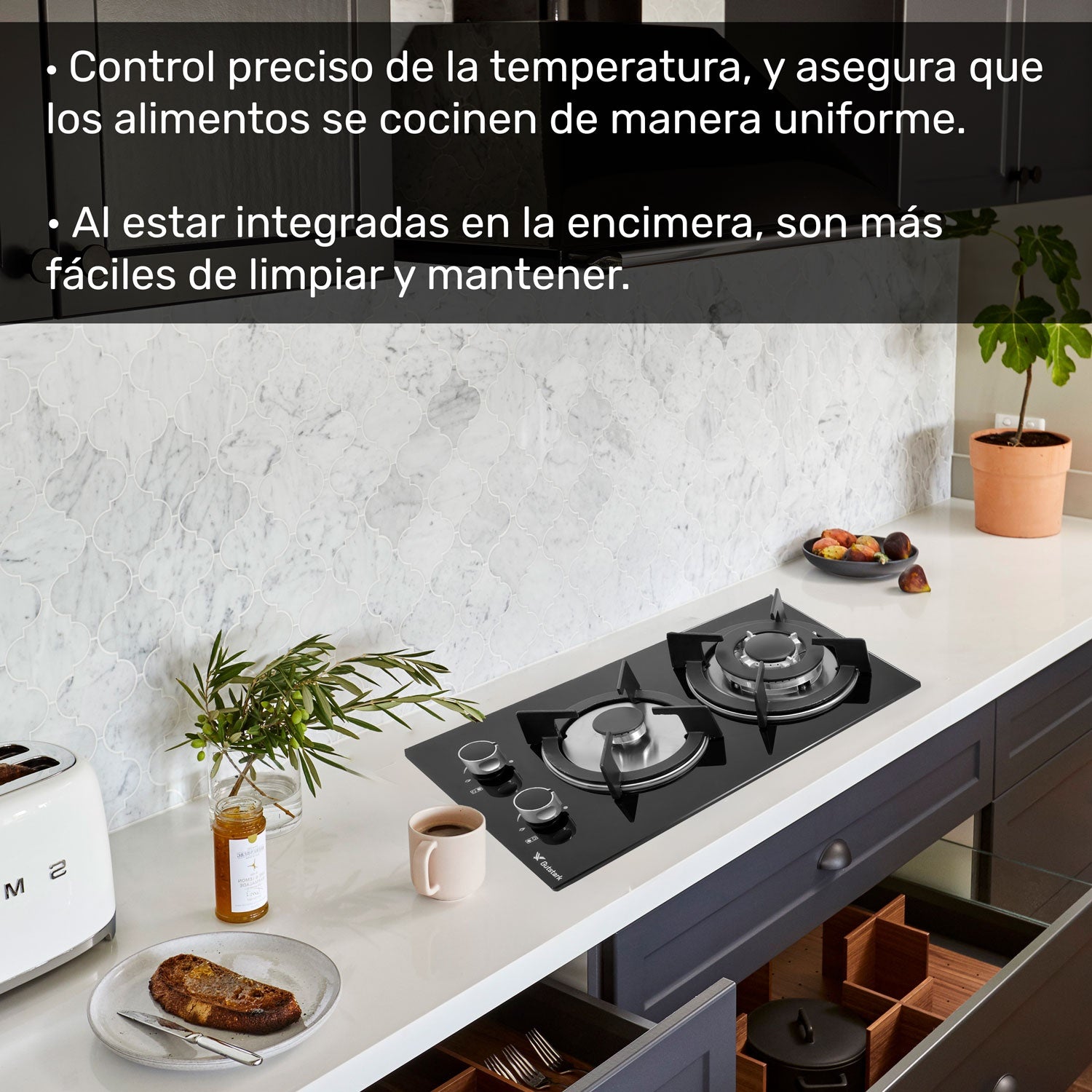 Parrilla 2 Quemadores Premium Cristal Templado Empotrable