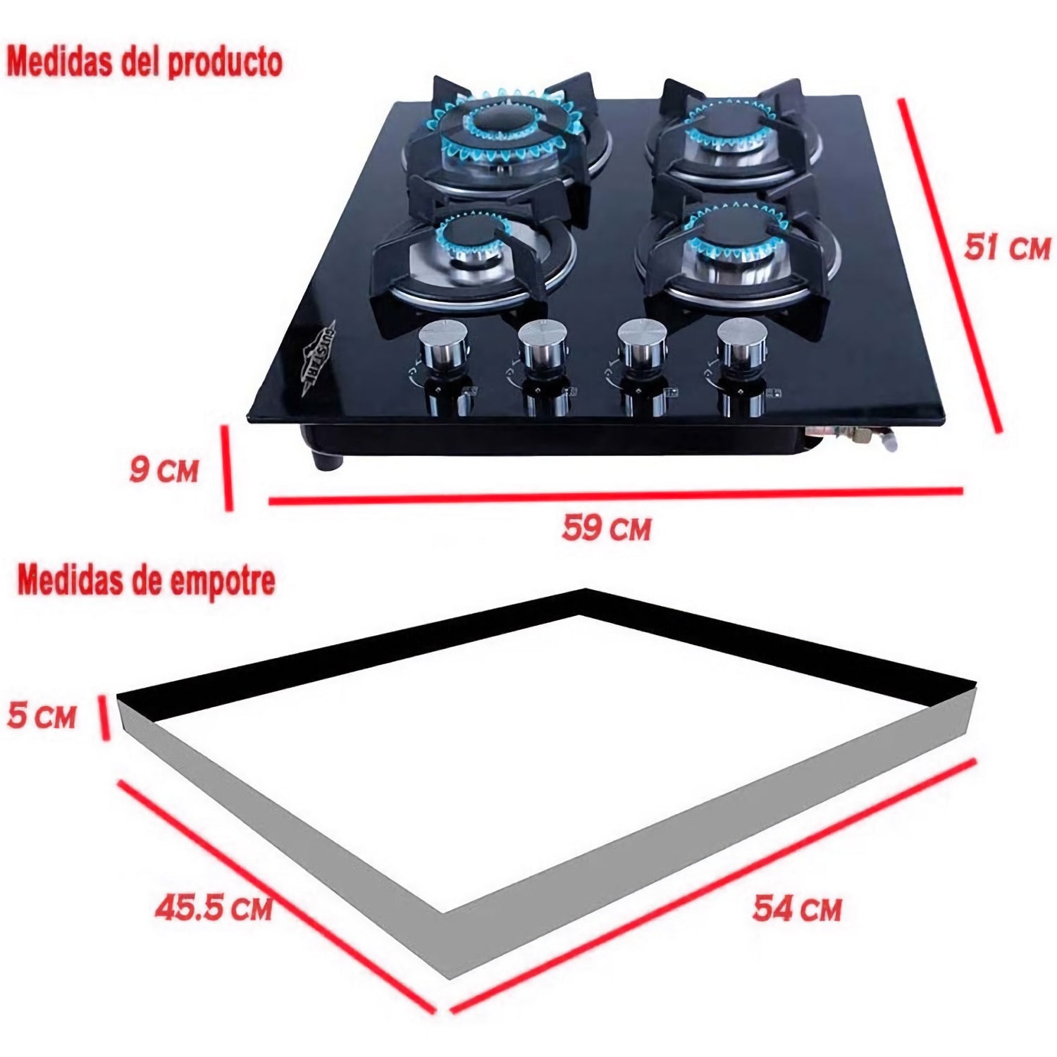 Parrilla a Gas Natural LP Empotrable Cristal Templado 4 Quemadores