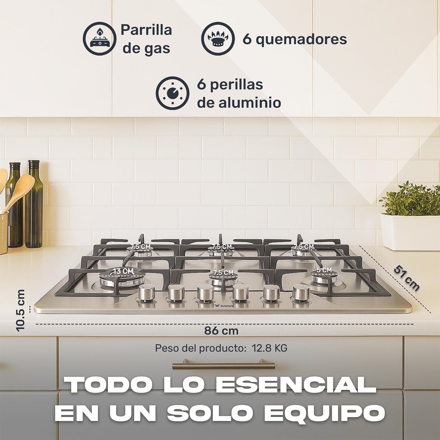Parrilla de Gas Empotrable 6 Quemadores Acero Inoxidable