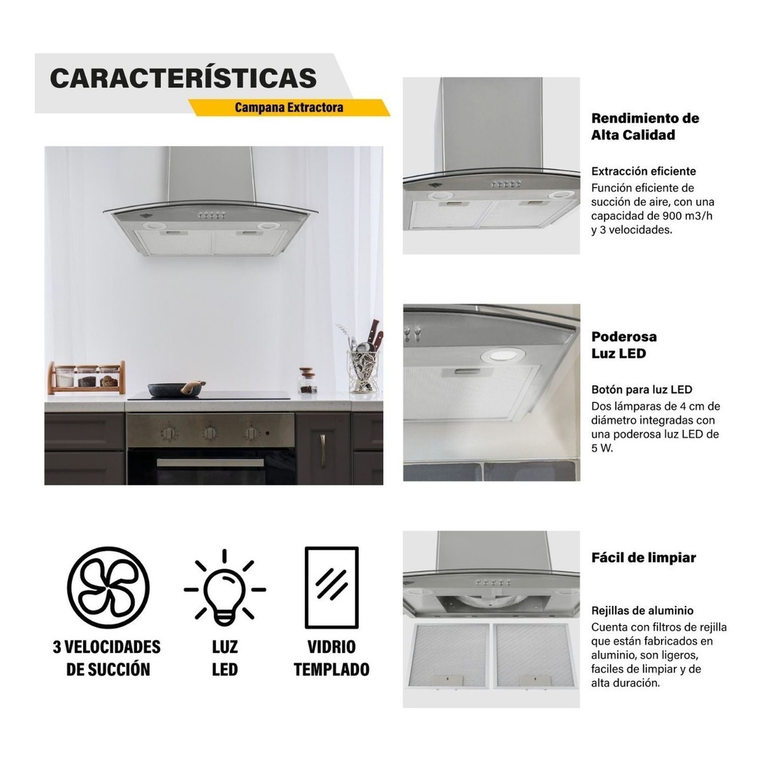Combo Campana Cristal 60cm + Parrilla Cristal Templado 4 Ornillas