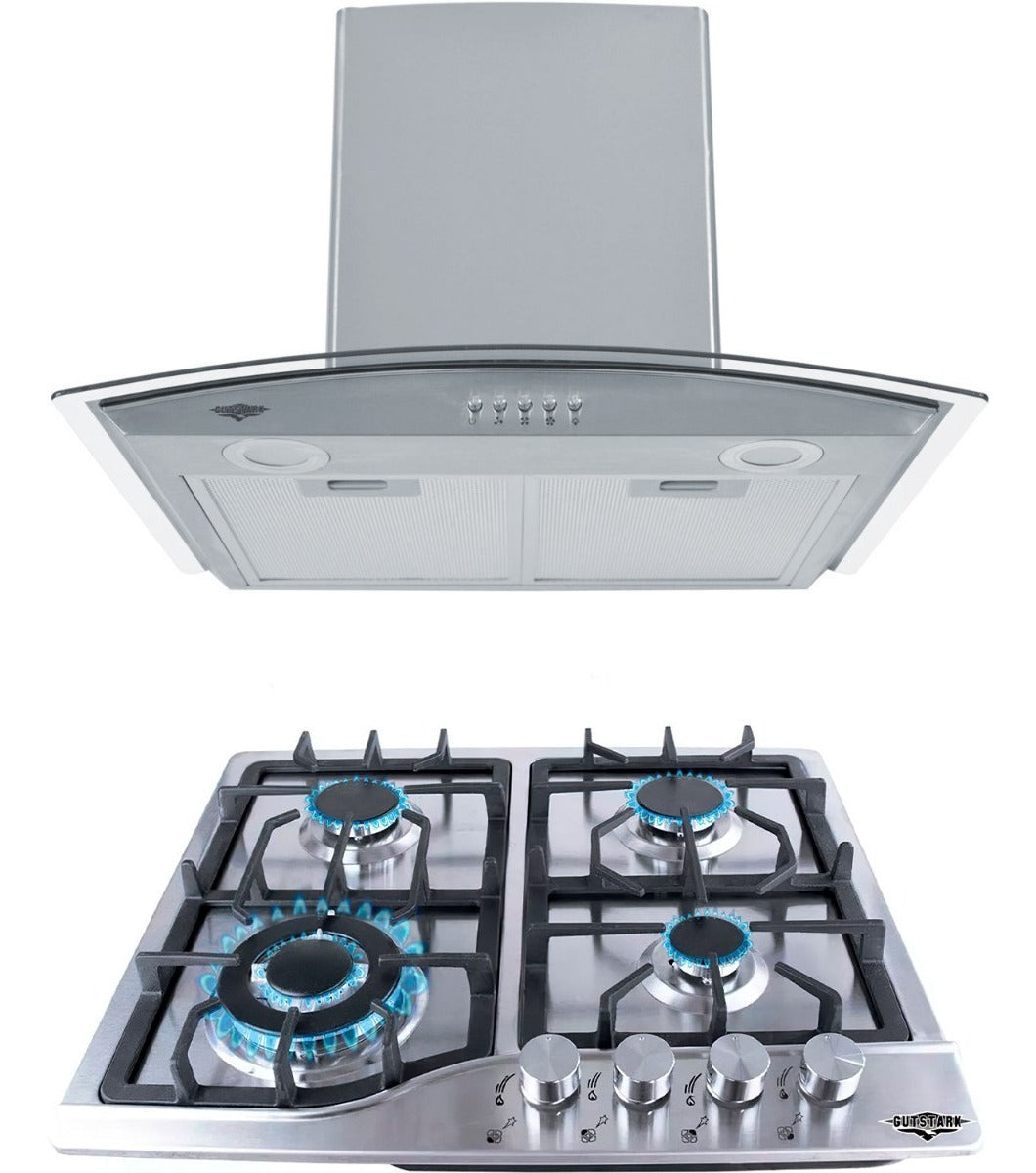Combo Parrilla Inoxidable 4 Quemadores + Campana Cristal 60cm