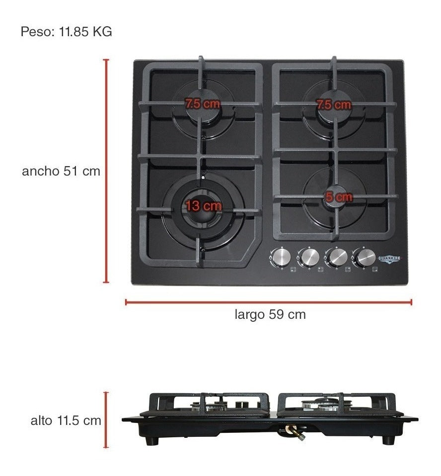 Parrilla Gas Cristal Templado 4 Quemadores Estufillas Hogar