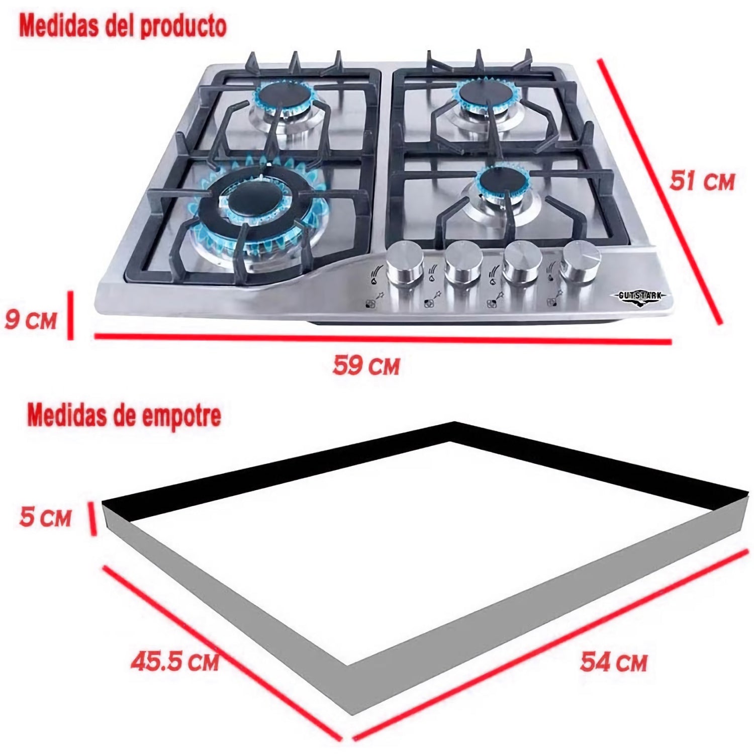 Parrilla de Gas Empotrable 4 Quemadores Acero Inoxidable