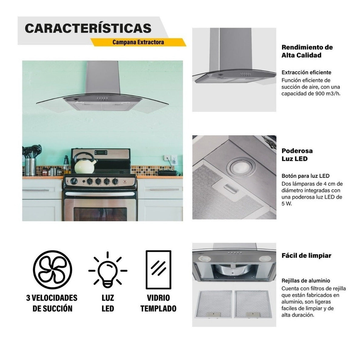 Combo Campana Cristal 90cm Y Parrilla Cristal 5 Quemadores