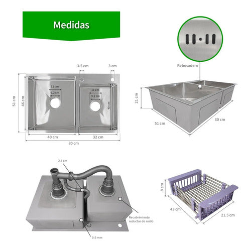 Fregadero Tarja Acero Inox 2 Tinas Anti-ruido + Escurridor