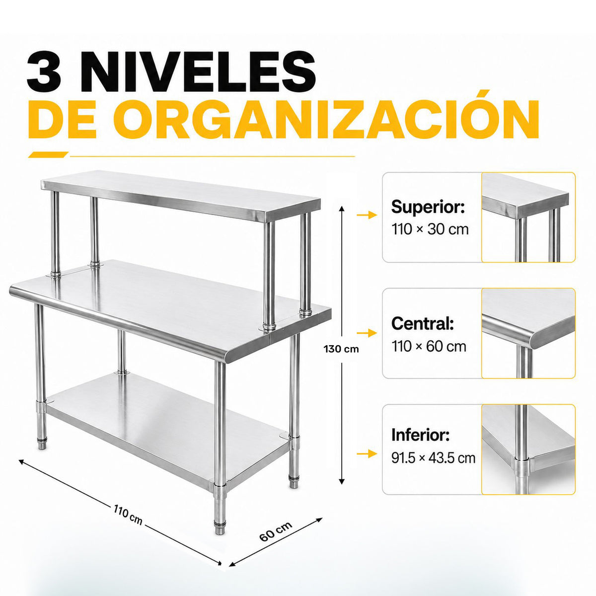 Mesa Trabajo Repisa Acero Inoxidable Ajustable 110x60x131.5