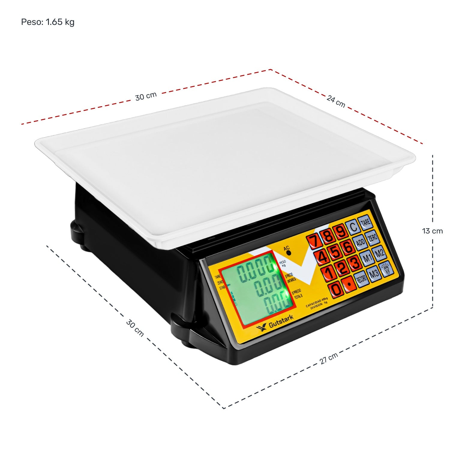 Bascula Comercial Digital 40 Kg Portatil Bateria 30x27x13cm