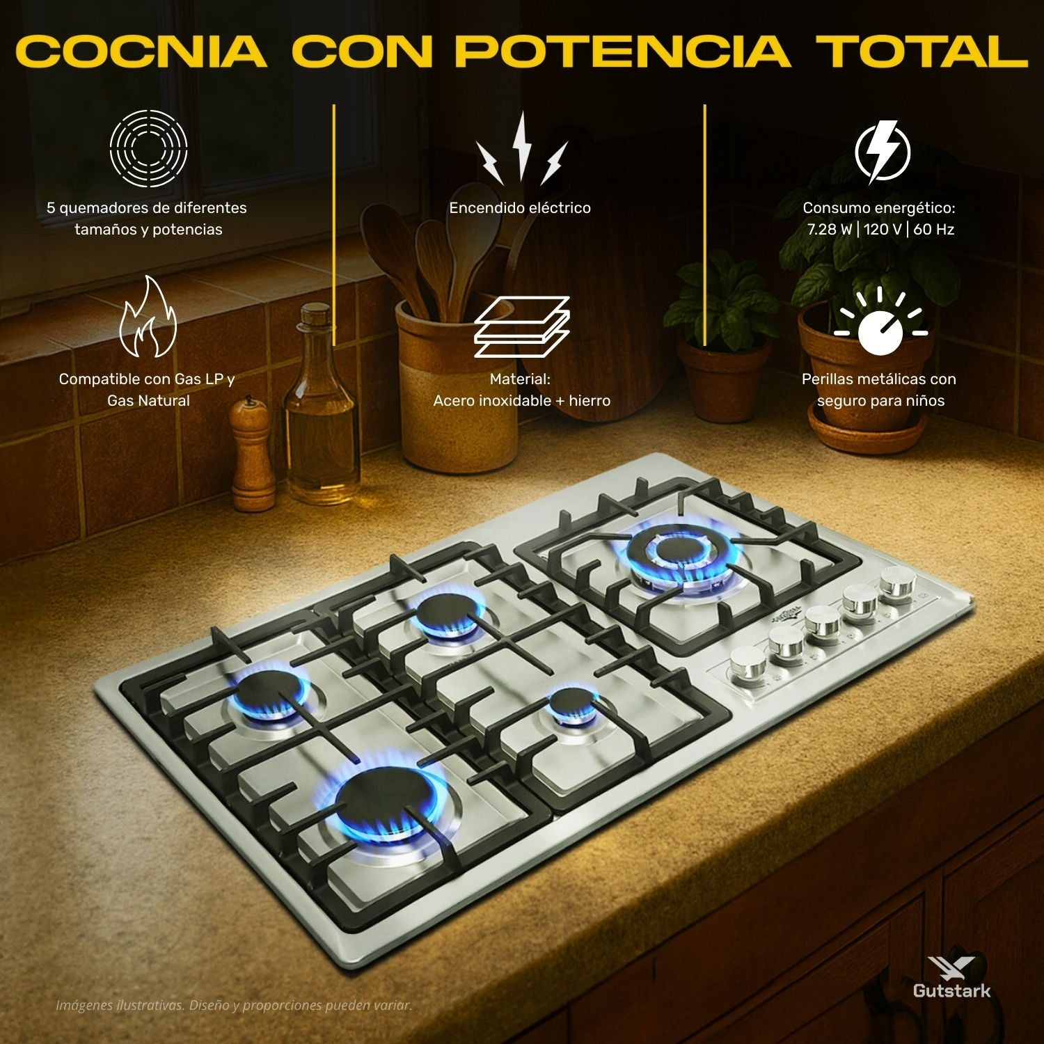 Parrilla de Gas Empotrable Acero Inoxidable 5 Quemadores Premium