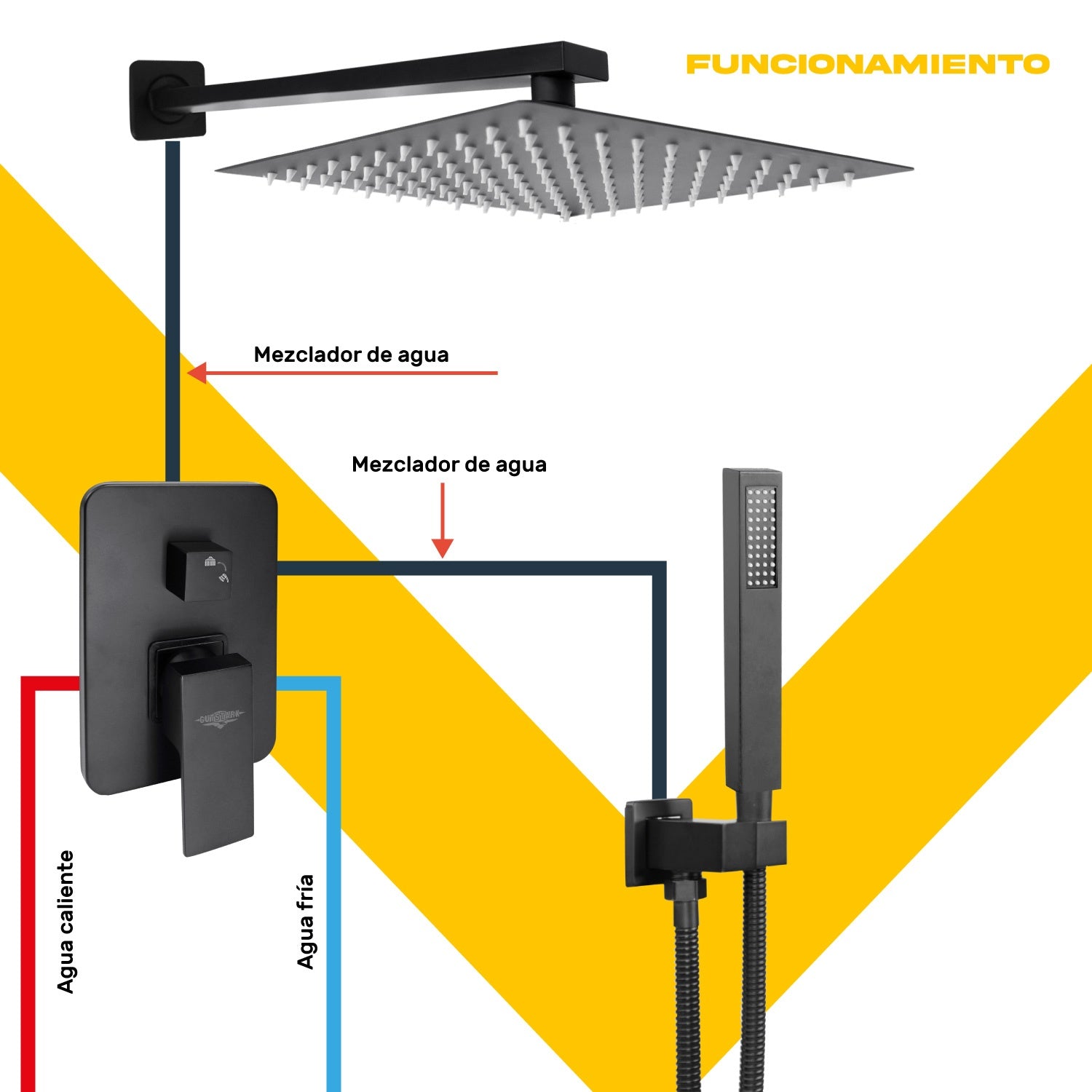 Regadera Cuadrada Negra Lluvia Acero Inox Monomando 25cm