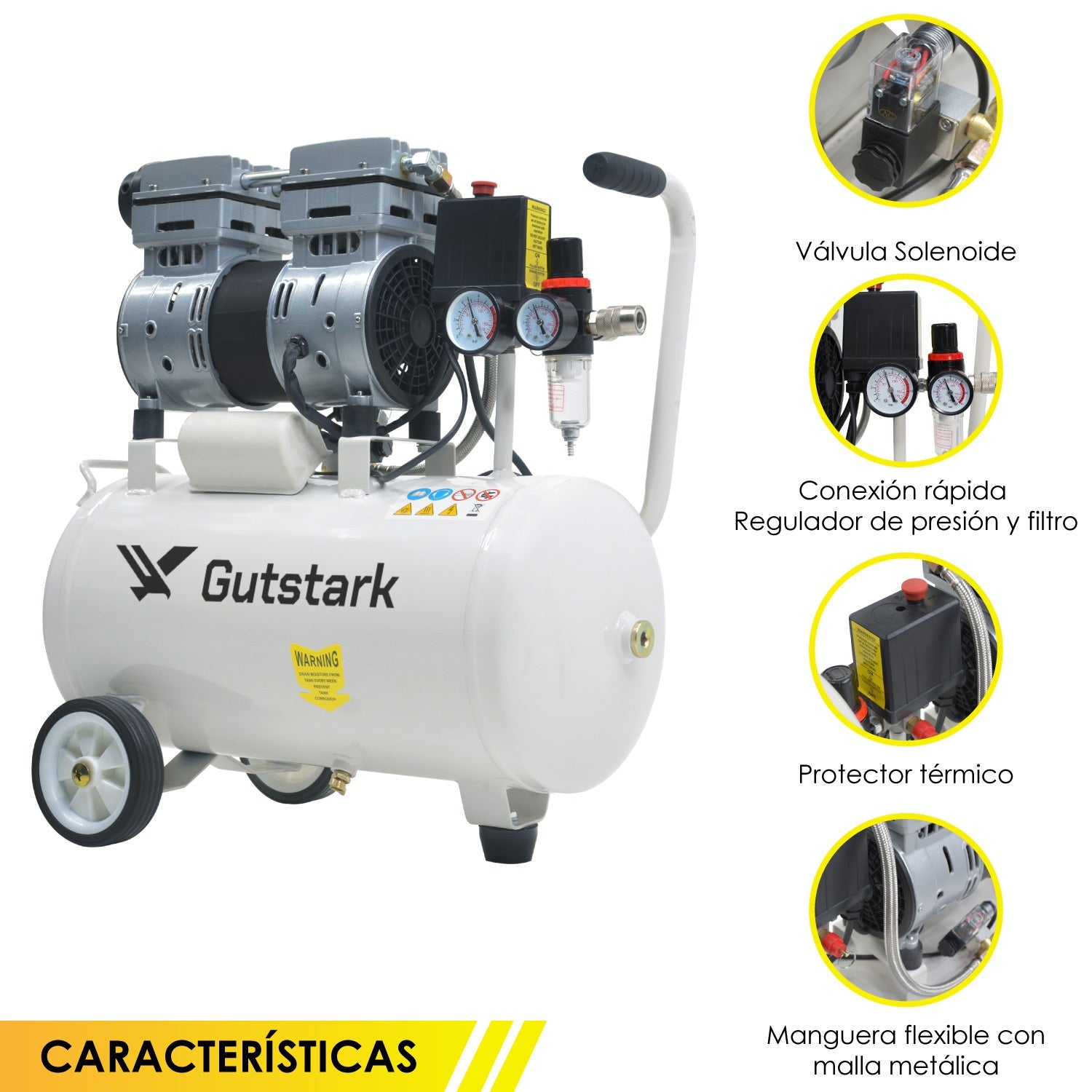 Compresor de Aire Silencioso 25L Electrico 116 PSI Portatil 1Hp 2 Pistones 1680RPM
