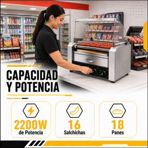 Maquina Hot Dogs Compartimiento Pan 16 Salchichas 9 Rodillos