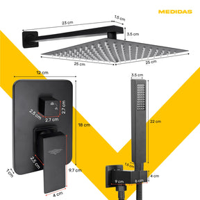 Regadera Cuadrada Negra Lluvia Acero Inox Monomando 25cm