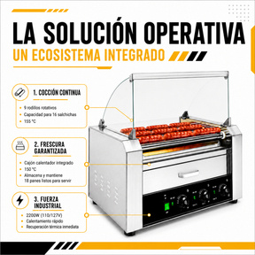 Maquina Hot Dogs Compartimiento Pan 16 Salchichas 9 Rodillos