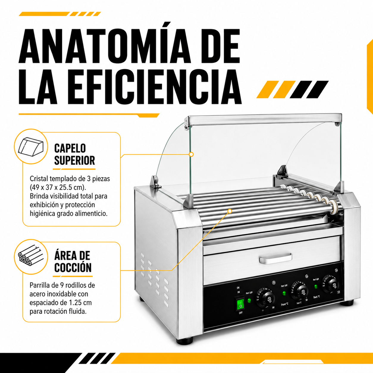 Maquina Hot Dogs Compartimiento Pan 16 Salchichas 9 Rodillos