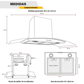 Campana Extractora Cocina 900mm Cristal Templado Acero Inox