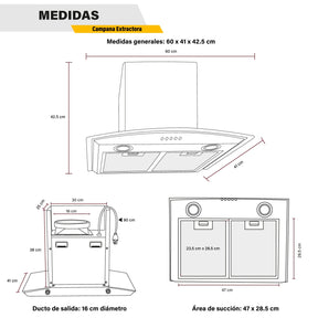 Campana Extractora 600mm Cocina Cristal Templado Acero Inox