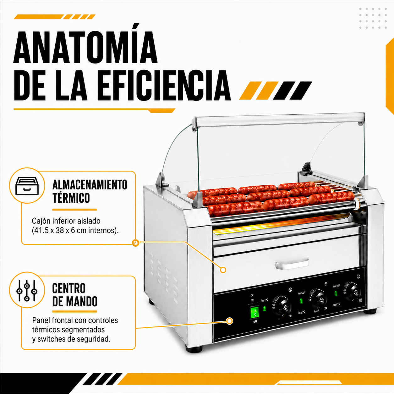 Maquina Hot Dogs Compartimiento Pan 16 Salchichas 9 Rodillos