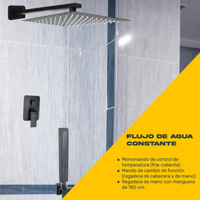Regadera Cuadrada Negra Lluvia Acero Inox Monomando 25cm