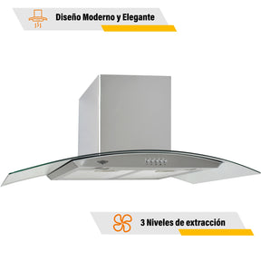 Campana Extractora Cocina 900mm Cristal Templado Acero Inox
