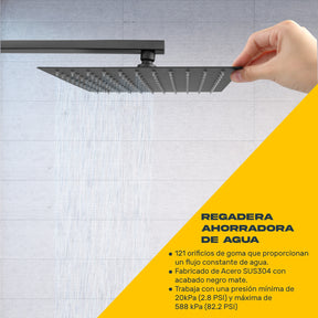 Regadera Cuadrada Negra Lluvia Acero Inox Monomando 25cm