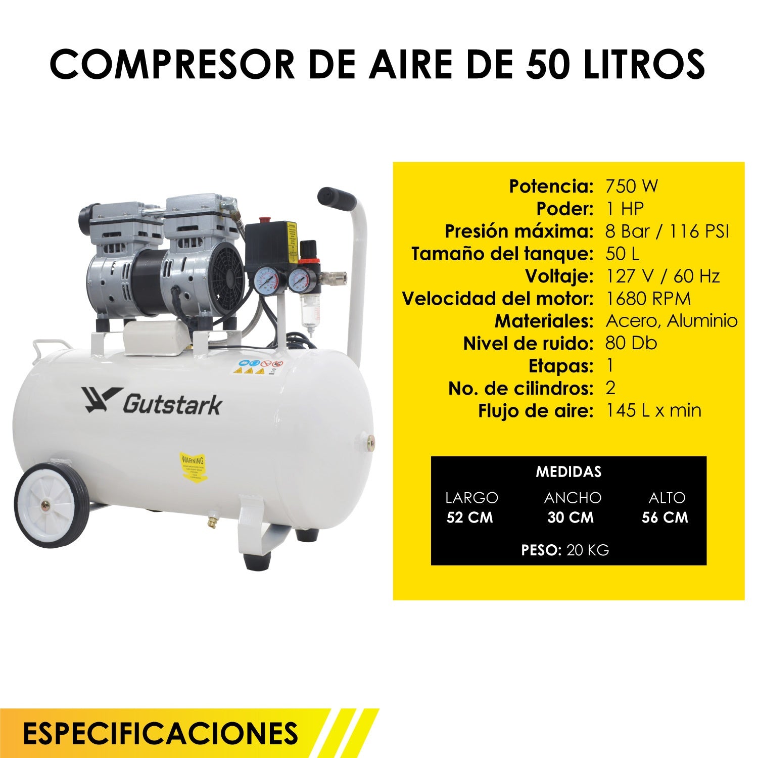 Compresor Aire Electrico Tanque Portatil 50 L 127v 750w 1hp