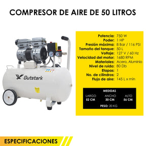 Compresor Aire Electrico Tanque Portatil 50 L 127v 750w 1hp