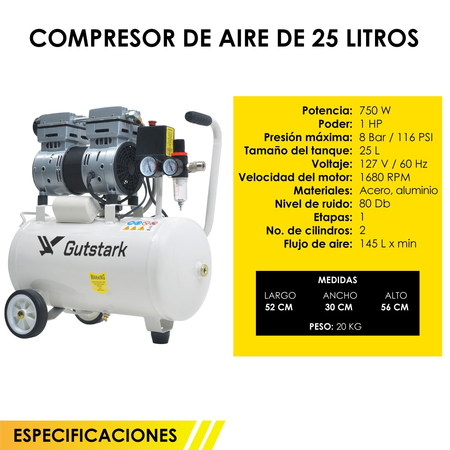 Compresor de Aire Silencioso 25L Electrico 116 PSI Portatil 1Hp 2 Pistones 1680RPM