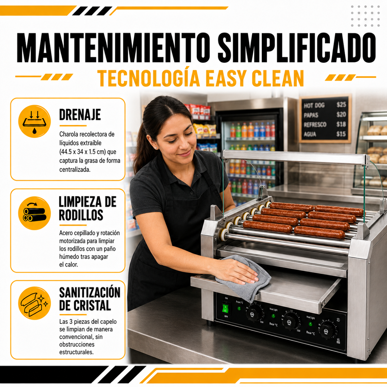 Maquina Hot Dogs Compartimiento Pan 16 Salchichas 9 Rodillos