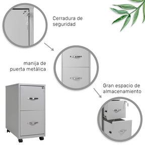 Archivero Metálico 2 Gavetas Carta Para Oficina Ruedas 360° Color Gris
