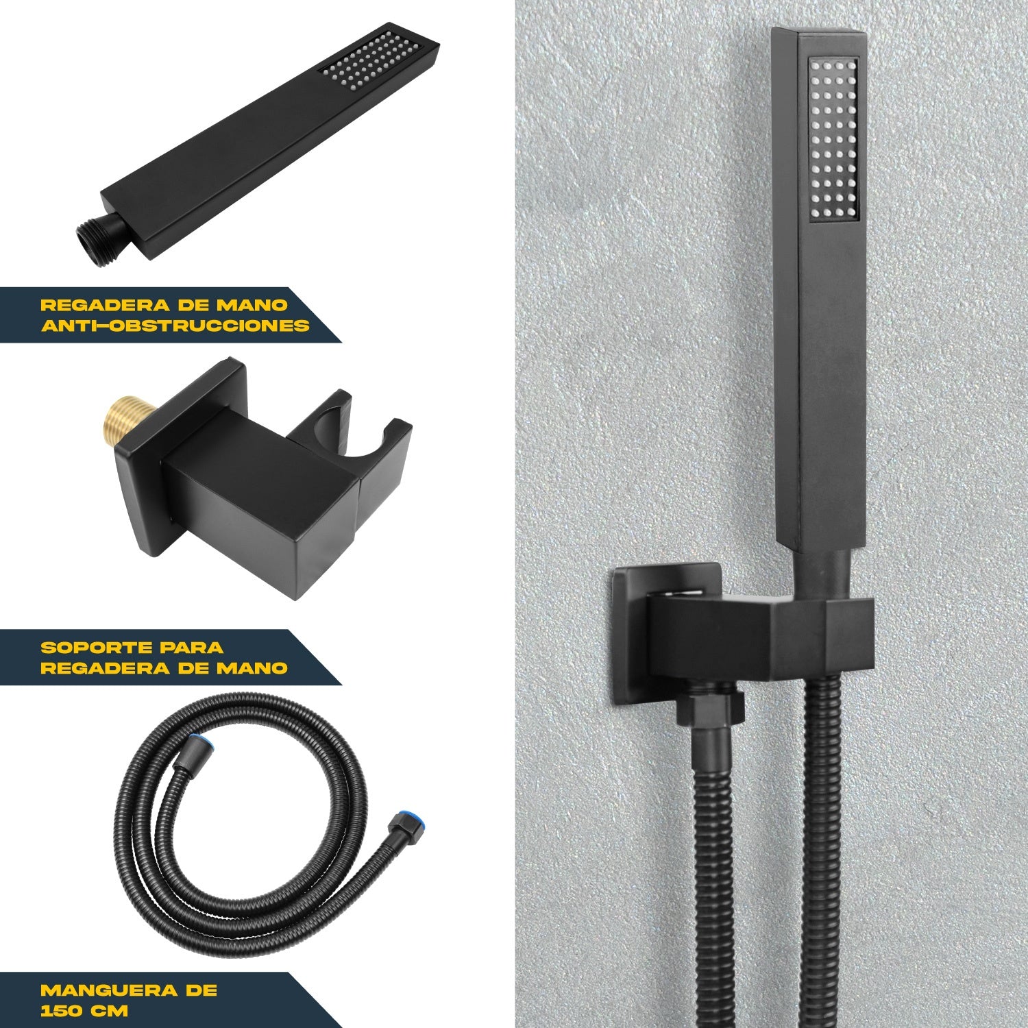Regadera Cuadrada Negra Lluvia Acero Inox Monomando 25cm