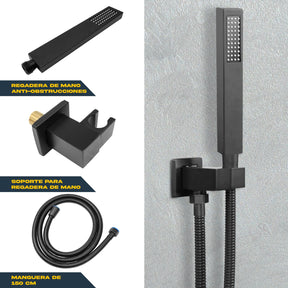 Regadera Cuadrada Negra Lluvia Acero Inox Monomando 25cm