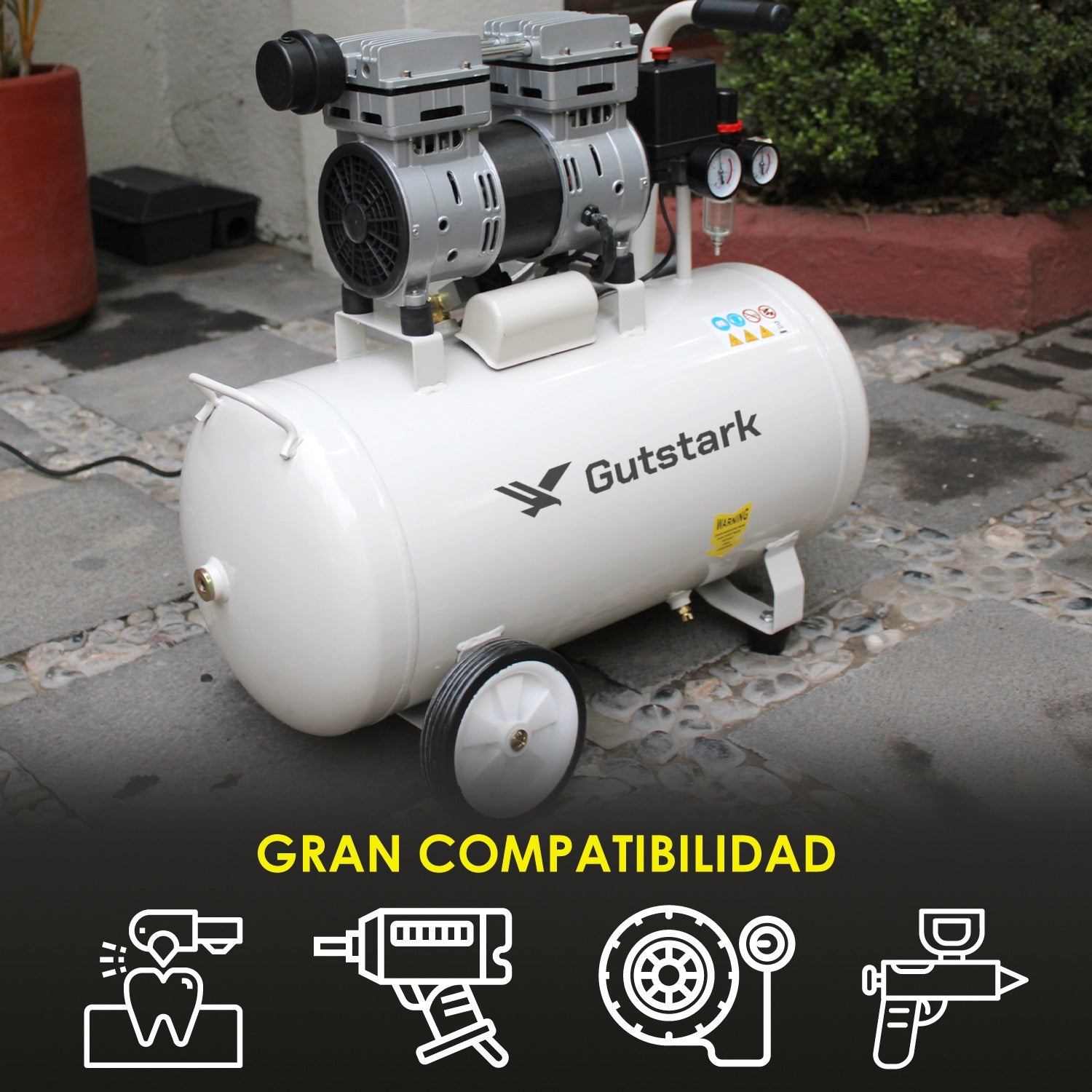 Compresor de Aire Silencioso 25L Electrico 116 PSI Portatil 1Hp 2 Pistones 1680RPM