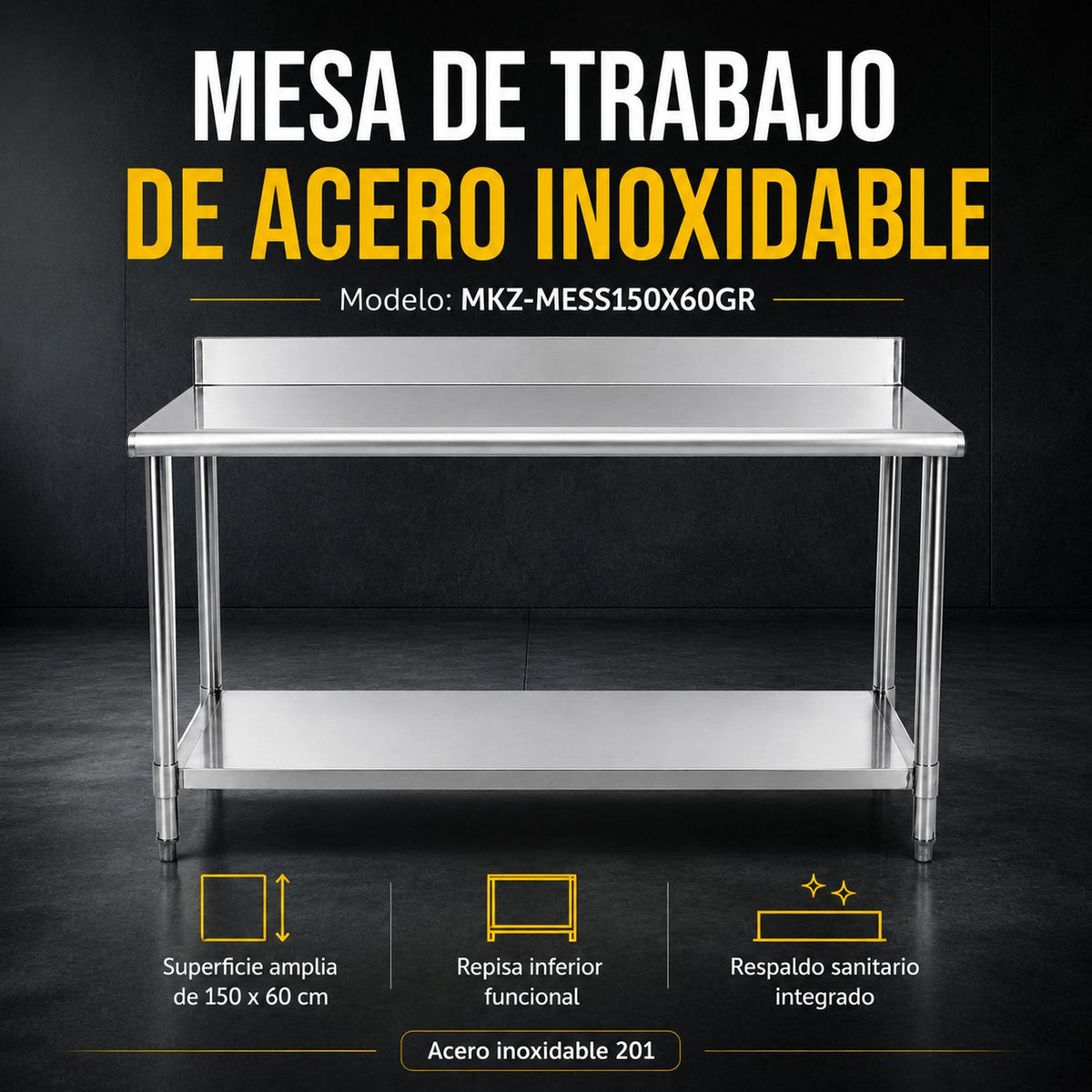 Mesa Trabajo Pared Acero Inoxidable Ajustable 150x60 Cm