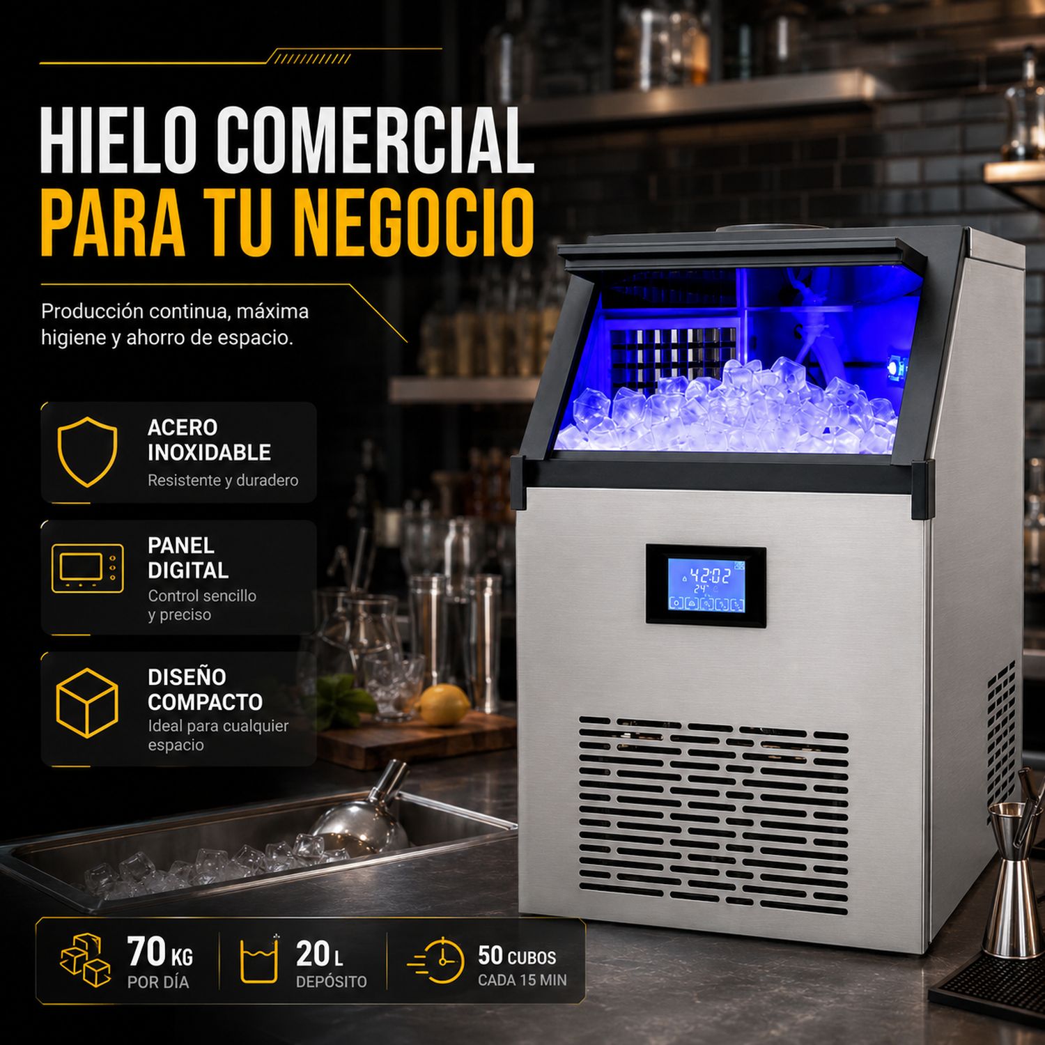 Maquina Fabricadora Hielo Comercial 70 Kg Dia Restaurante
