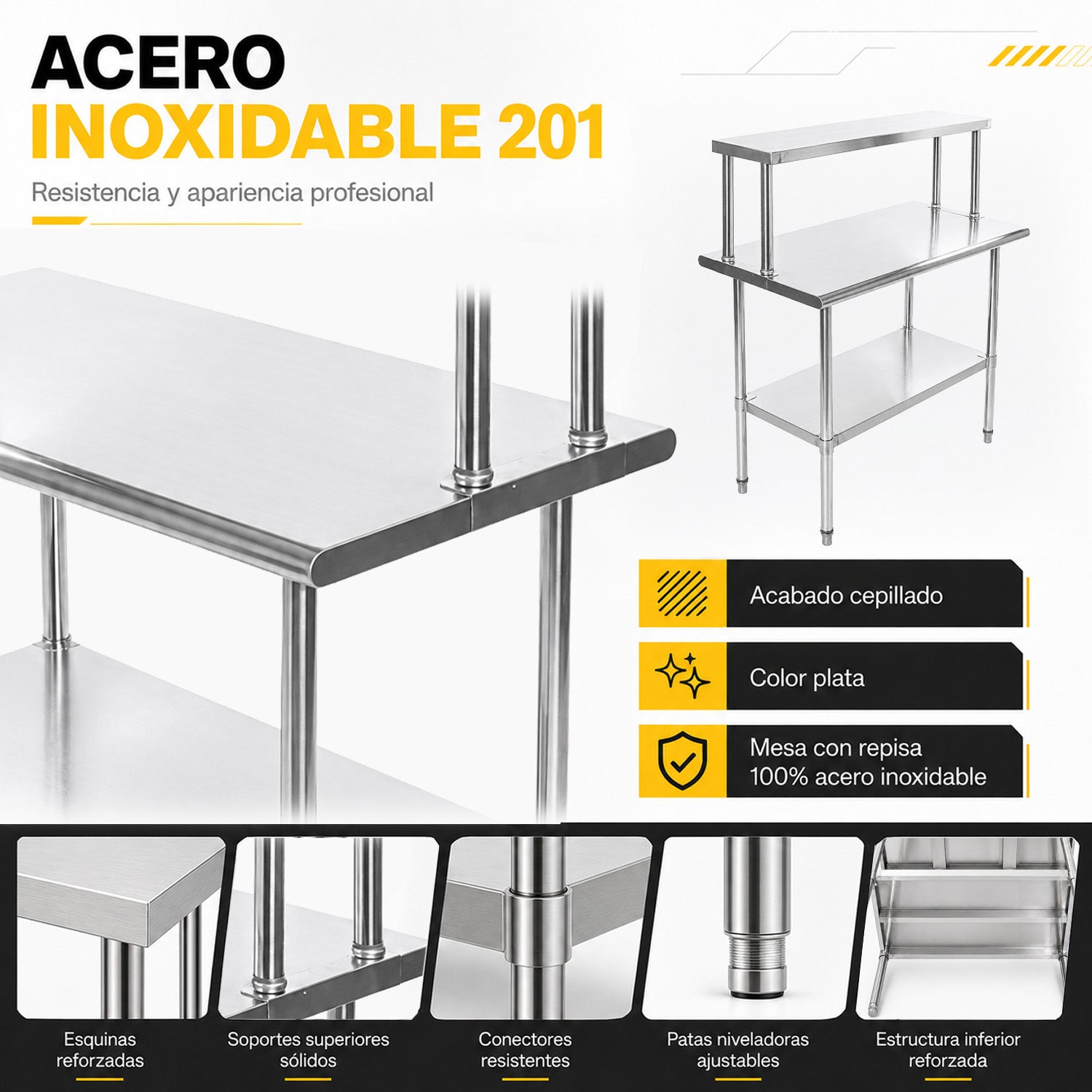 Mesa Trabajo Repisa Acero Inoxidable Ajustable 110x60x131.5