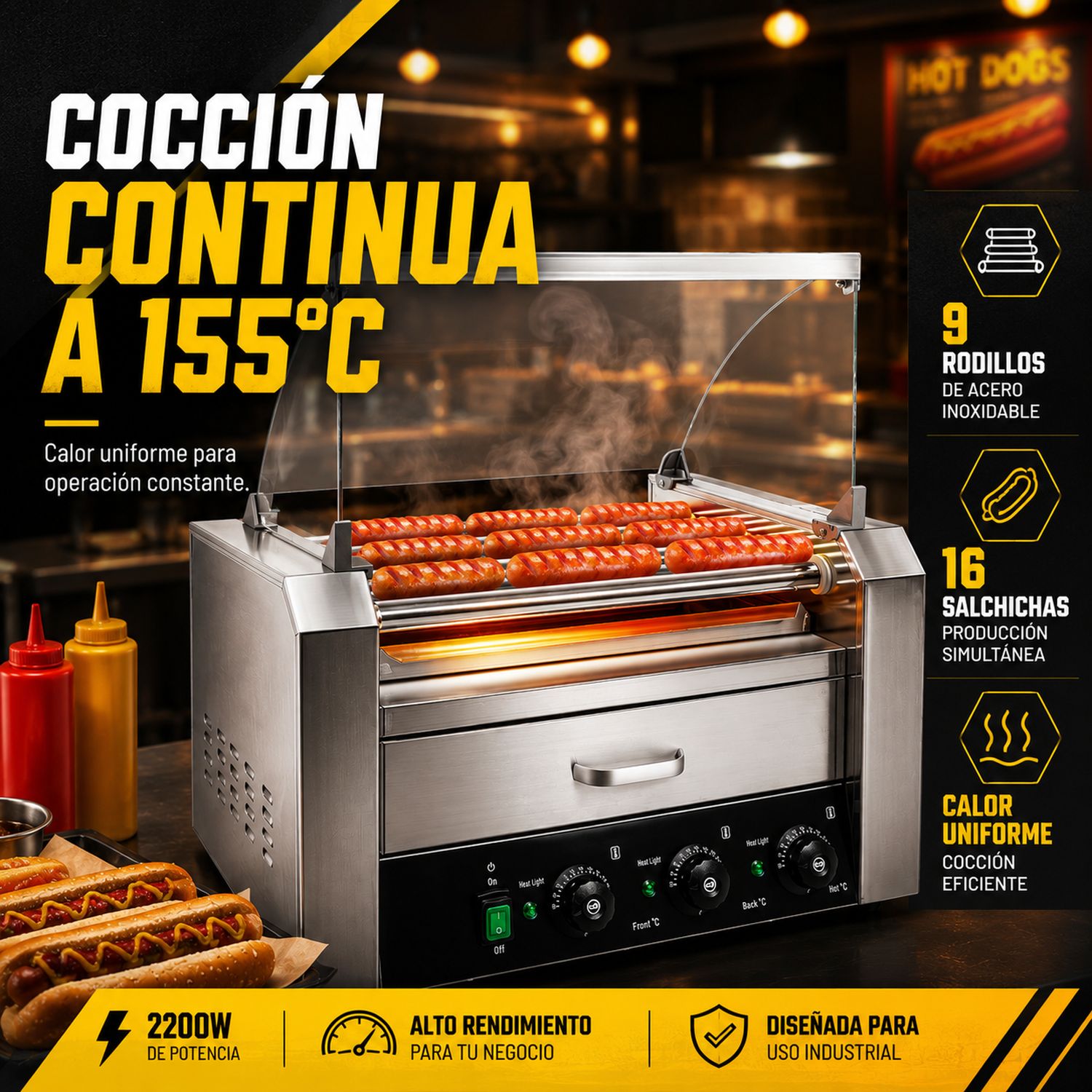 Maquina Hot Dogs Compartimiento Pan 16 Salchichas 9 Rodillos