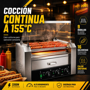 Maquina Hot Dogs Compartimiento Pan 16 Salchichas 9 Rodillos