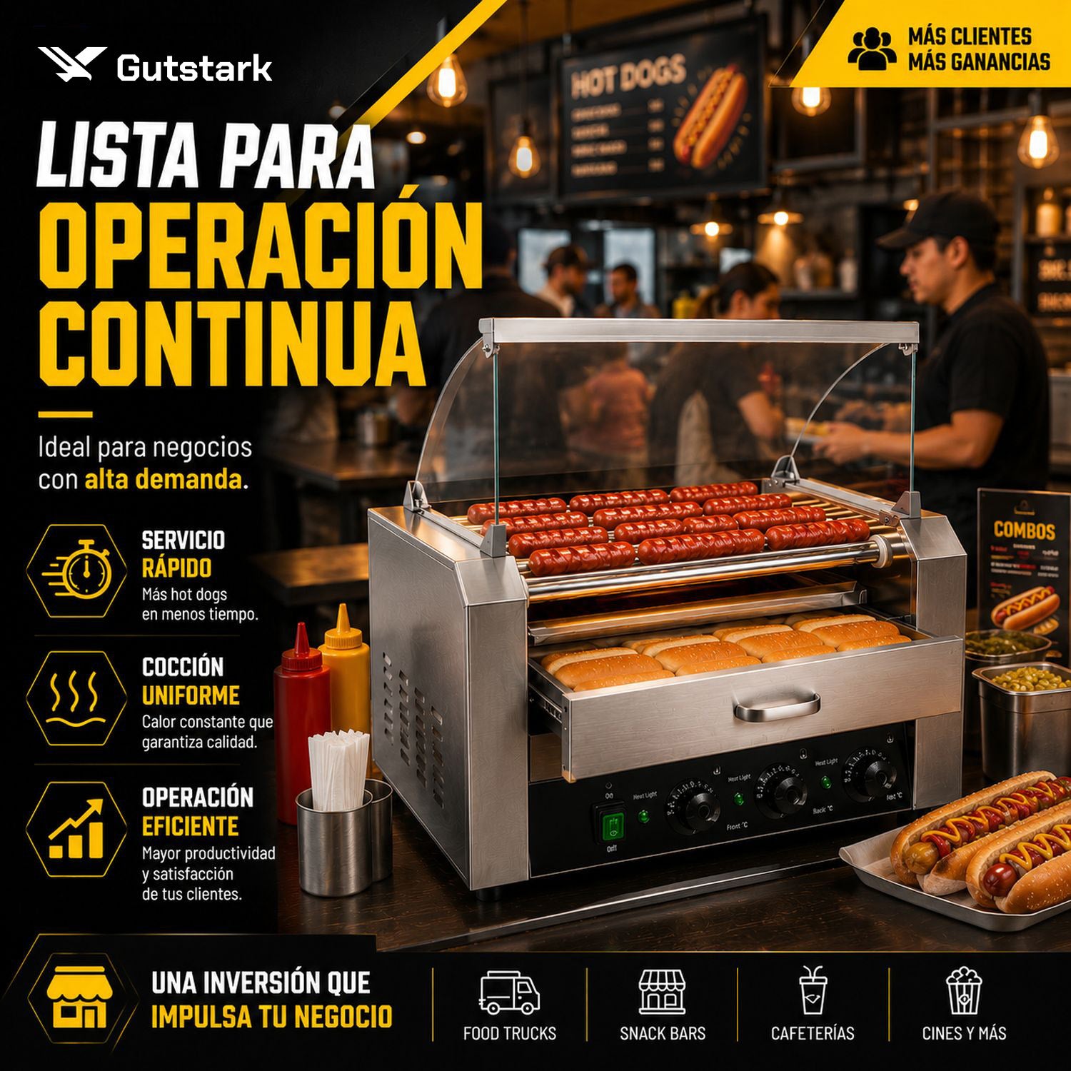 Maquina Hot Dogs Compartimiento Pan 16 Salchichas 9 Rodillos